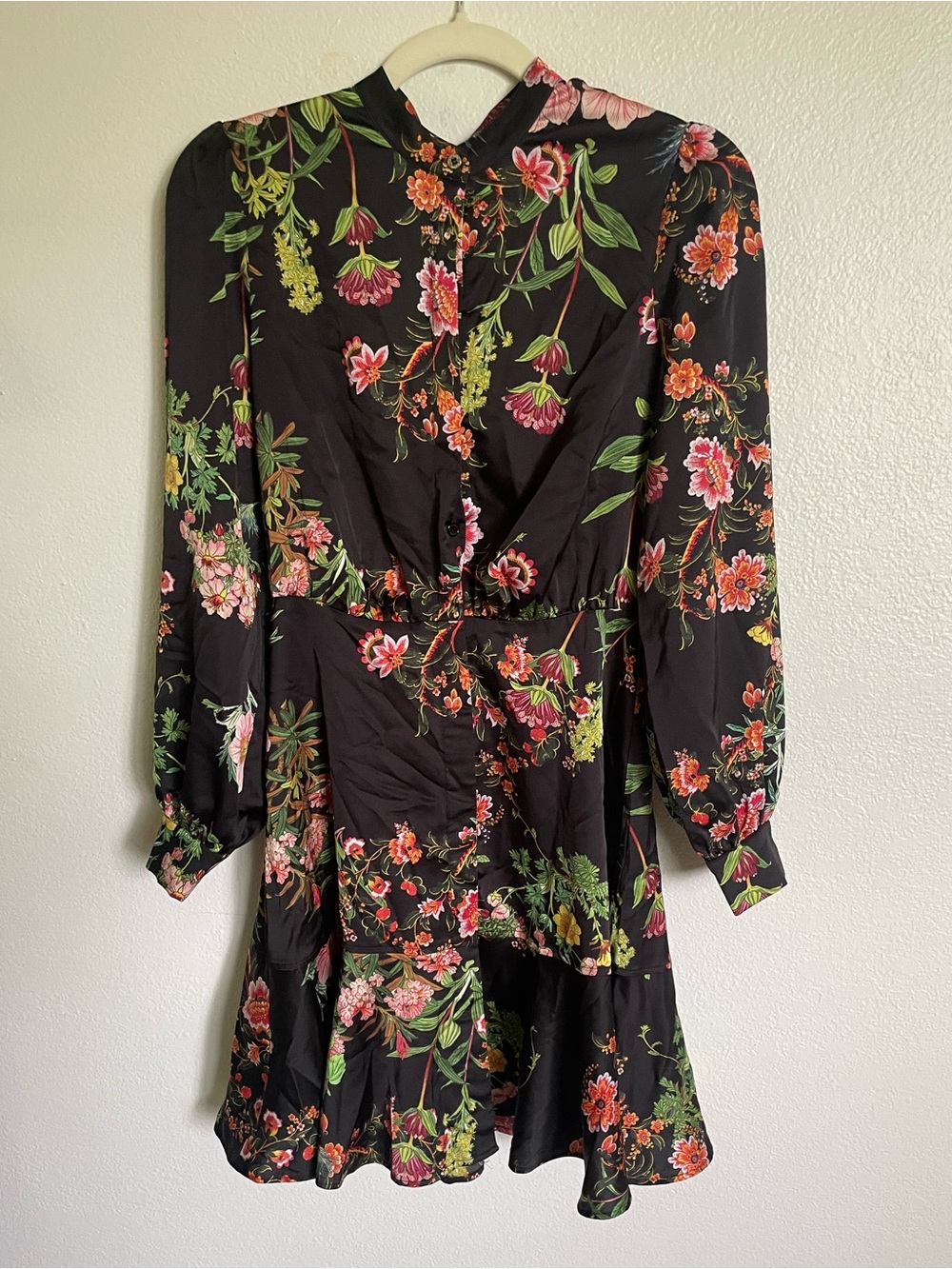 Marciano by Guess Black Botanical Floral Mock Neck Flounce Mini Dress 2